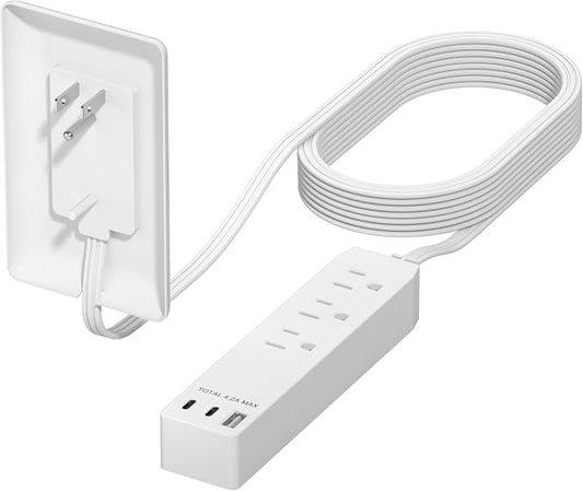 LIDER Outlet Extender with 3 Receptacles, 21W USB-A & 2 USB-C, Ultra-Thin Wall Plate Plug with Cord Extender, 3-Outlet Power Strip, Flat-Face, 8ft Cord, 1625W, ETL Listed, Matte White