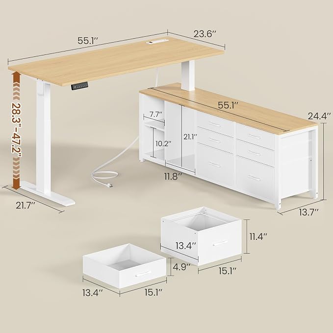 SEDETA L Shaped Electric Standing Desk, 55" x 55" Height Adjustable Office Executive Desk with 6 Fabric Drawers and Storage Shelves, Sit Stand Computer Desk with Power Outlet