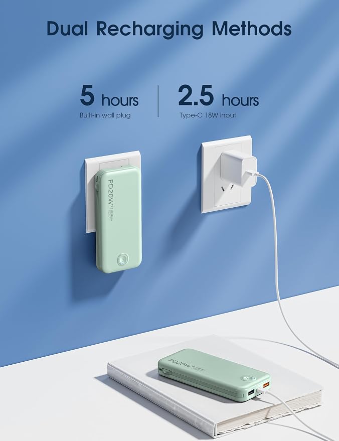 Nusyddy Portable Charger 10000mAh PD20W w/Built-in Cables & Wall Plug Green | PD20W Fast Charging, Battery Indicator, Pass Through Charging, TSA Approved, Compact/Slim, Power Bank for iPhone/iPad/Samsung