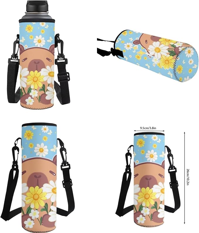 WELLFLYHOM 4 PCS Blue Daisy Floral Capybara Backpack for Girls Ages 8-12 | 4-In-1 School Bag Set with Lunchbox, Pencil Case and Water Bottle Sleeve, Ideal for Middle and High School Girls Daily Carry