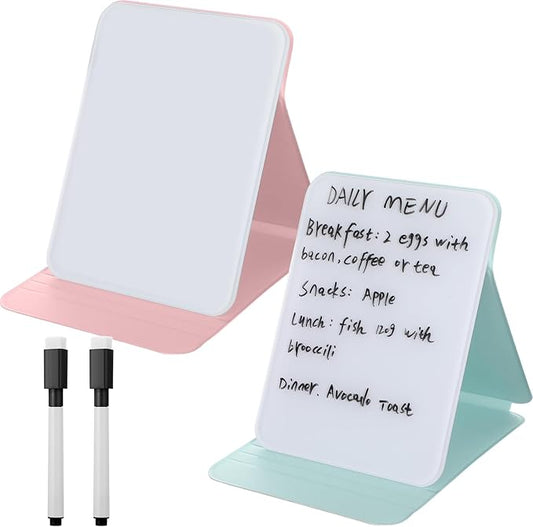 2 Pcs Small Glass Desktop Whiteboard with Reversable Stand 8 x 6 Inch Mini Dry Erase White Board Easel with 2 Markers Reusable Desk Notepad for Home Office School Supplies (Pink,Green)