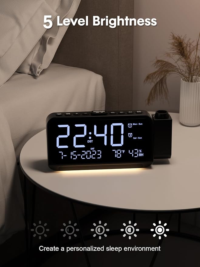 ROCAM Projection Alarm Clock with 180° Ceiling Projector & Digital Display | 5-Level Dimmer, Dual Alarms, Night Light, Temp & Humidity Display, Weekday/Weekend Mode, DST, Snooze Function for bedroom