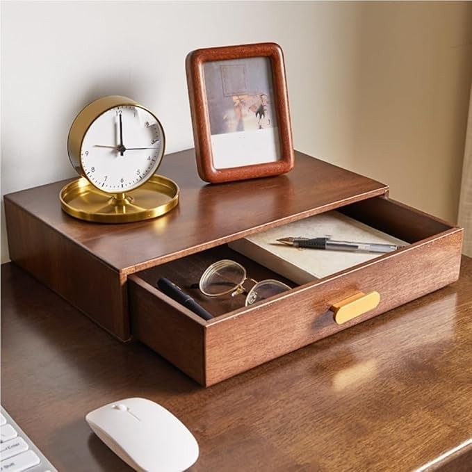 Desktop Storage Cabinet, Wooden Drawer Box, Countertop Storage Box, Organizer with Metal Handle, Multifunctional Storage Drawer for Bedroom, Living Room(Brown)