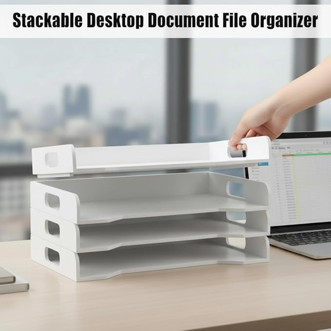 Wooden Stackable Paper Trays 4-Tier Wooden Paper Organizer for Desk Letter Documents Woodens Desktop File Organizers for Desktop File Holder and Office Supplies Rack for Home Office Use(White)