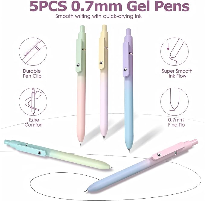 56 PCS, 5 Inspirational Ballpoint Pens, 12 Pastel Highlighters, 5 Black Ink Gel Pens, 6 Mechanical Pencils 0.5-0.7mm (purple)