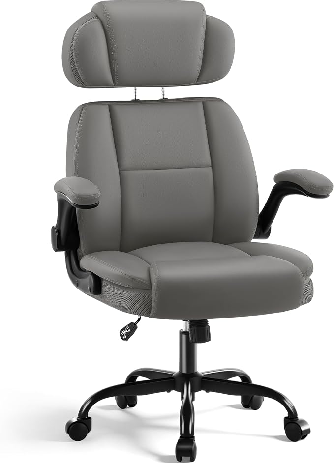 AreShark Ergonomic Office Chair with Lumbar Support, 400lbs Heavy Duty Big and Tall Executive Desk Chair, PU Leather High Back Computer Chair with Flip-Up Arms & Adjustable Headrest, Gray