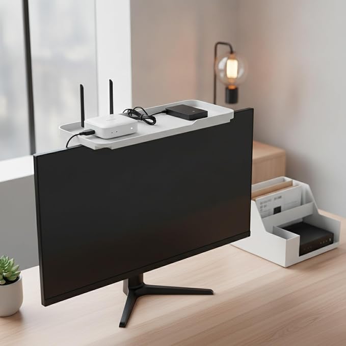 White Monitor Top Shelf with Cable Management, Steel Desk Organizer for Router and Modem, No-Drill Installation