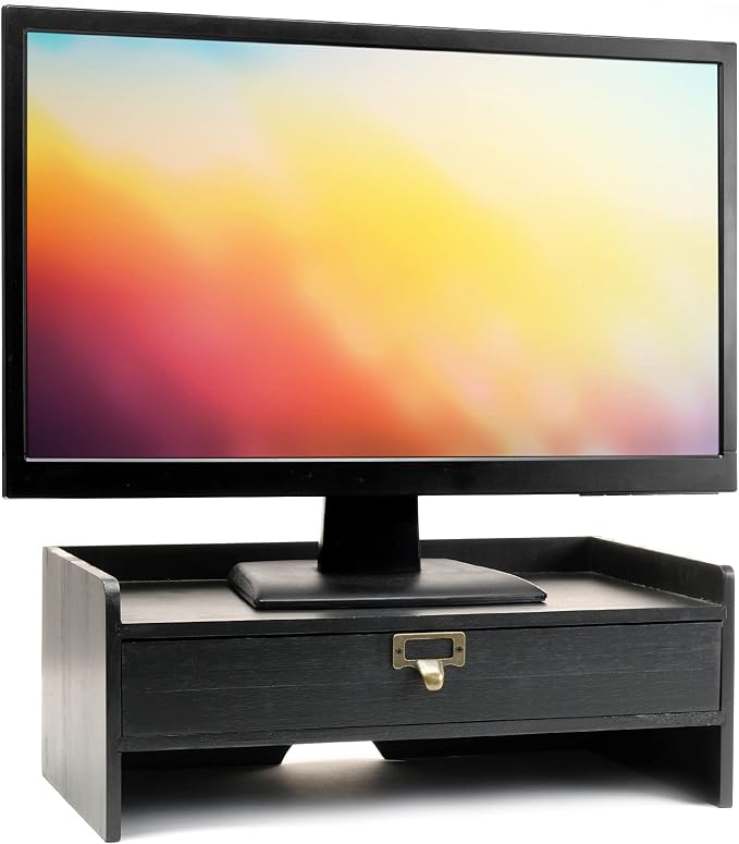 EXCELLO GLOBAL PRODUCTS Wooden Monitor Stand: Includes Drawer for Desktop Organization of Notebooks, Pens, Pencils & Office Supplies (Black)