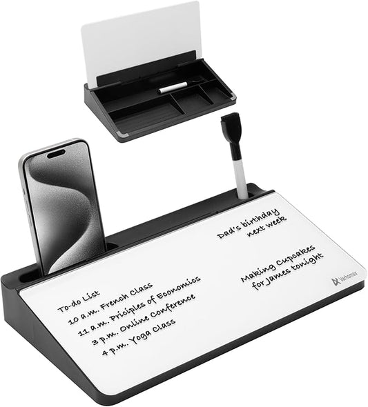 Varhomax Small Glass Desk Whiteboard, Dry Erase Desktop White Board with Storage Caddy to-do List Desk Buddy Memo Notepad for Office, School and Home Office Accessories Supplies (Black & White)