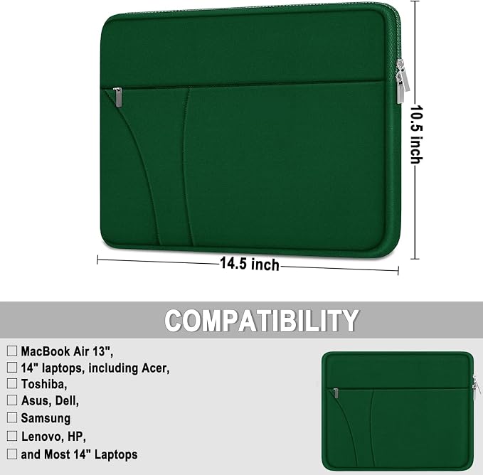14 inch Laptop Sleeve, Traveling Laptop Case with Zippered Pocket, Shockproof Protective Carrying Briefcase Computer Bag for 14" MacBook Air/Pro, HP, Dell, Lenovo, Acer, Dark Green