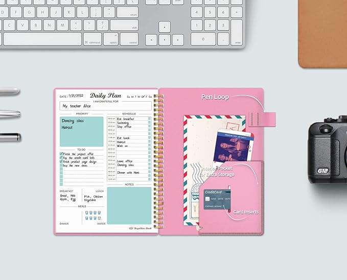 Daily Planner Undated, To Do List Notebook with Hourly Schedule Calendars Meal, Spiral Appointment Organizers Notebook for Man/Women, Pocket, Pen Loop, 160 Pages (5.5x8.5")