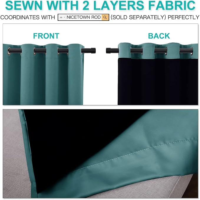 NICETOWN 100% Blackout Curtain Panels, Thermal Insulated Black Liner Curtains for Nursery Room, Noise Reducing and Cold Blocking Drapes for Windows (Set of 2, Sea Teal, 52-inch Wide by 63-inch Long)