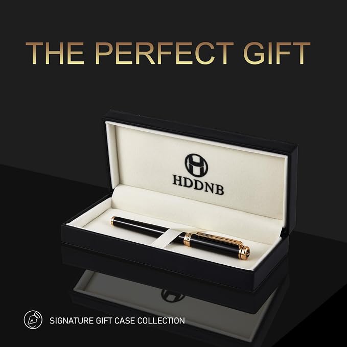 Black Luxury Fountain Pen Set for Men and Women with Gift Box, 24K Gold Finish and Gilded Nib(Medium) with 5 Black Ink Cartridges and Converter