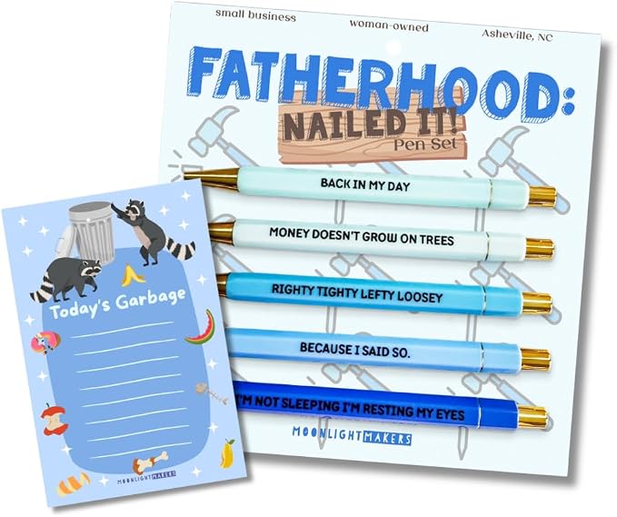 Moonlight Makers Funny Pens and Notepad Stationery Set - 5 Sarcastic Engraved Ballpoint Pens, Black Ink, Funny Office Gifts for Women, Teachers, Coworkers, Novelty Gag Gift Set - Fatherhood Nailed It