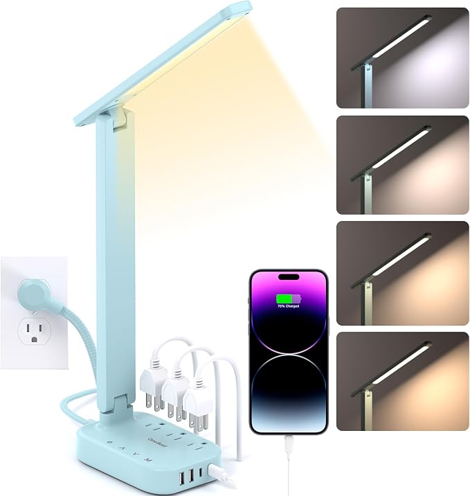 One Beat LED Small Desk Lamp Power Strip 5ft Extension Cord, 3 Outlets, 4 USB Ports(2 USB C), 4 Modes, 5 Level Touch- Home, Office, Bedroom, Bedside, Study Reading Light, Dorm Room Essentials, Blue