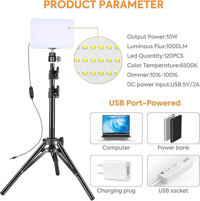 LED Video Light Kit 2 Pack 6500K Dimmable Streaming Lights USB Key Light Photography Lighting with 9 Color Filters Adjustable Tripod for Photography/Video Recording/Video Conference Lighting