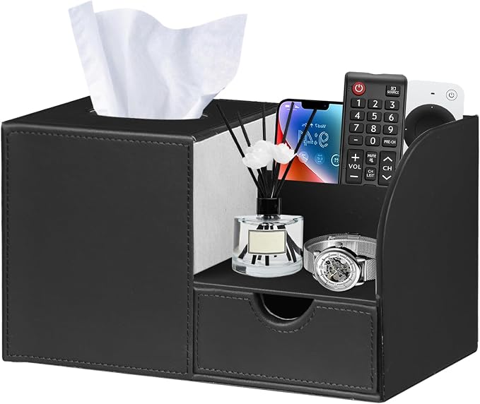 Square Tissue Box Cover with Storage Drawer,Facial Tissues Cube Box Holder | PU Leather Modern Remote Control Holder,Nightstand Organizer Caddy for Bathroom Vanity, Makeup,Office and Home Desktop Decor
