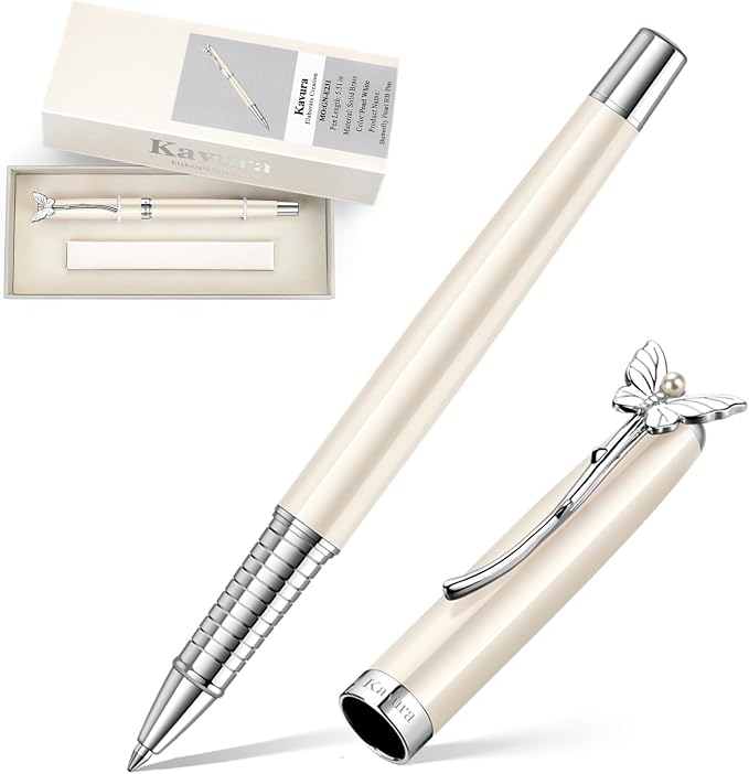 Butterfly & Pearl Rollerball Pen – Elegant Brass Pen Gift Set for Women, Jewelry-Inspired Design, Glossy Finish, with German Refill, Gift for Her, Graduation & New Beginnings(Pearl White)