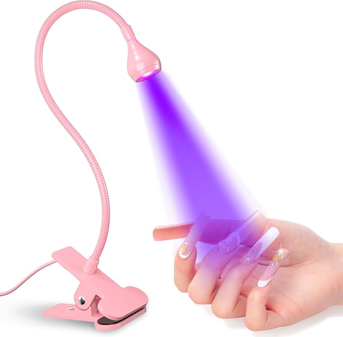 UV Nail Lamp - UV Light for Gel Nails, Flash Cure Lamp, LED Gooseneck Flash Cure Lamp for Nails, Manicure Dryer Black Light with Clamp, 365+395nm Wavelength 5V 3W 4 Levels Dimming Pink