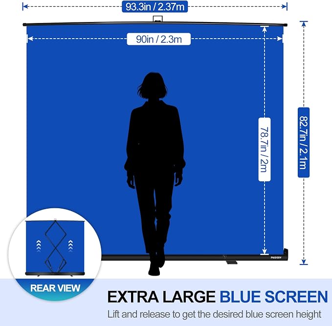 FUDESY 78.7 x 90in Large Collapsible Blue Backdrop Screen, Portable Retractable Pull Up Panel Wrinkle-Resistant Photo Background for Streaming, Video Conference, Photographic Studio