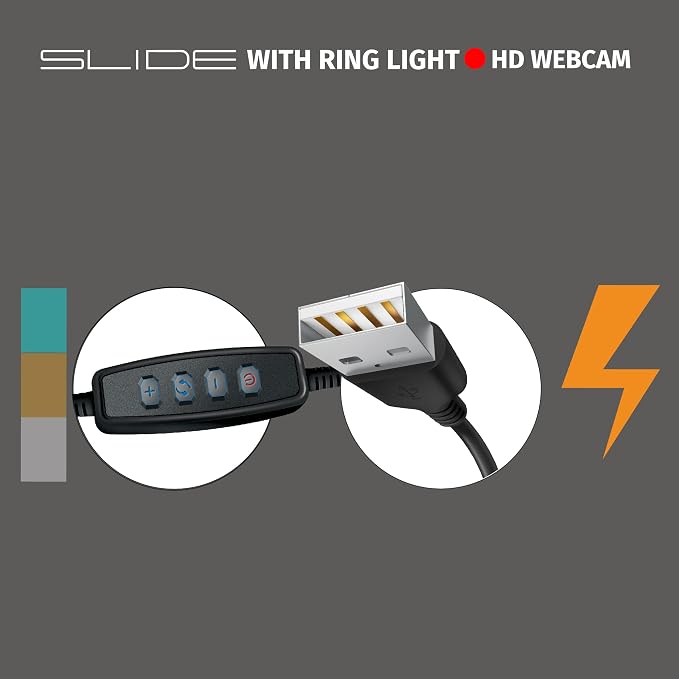 Slide 1080P HD Webcam with Portable Ring Light and Clamp-on Stand, Streaming Camera with Mic, 30 FPS, 30 Light Modes, 2 Flexible Arms, Secure Clamp, Includes Sliding Lens Cover and USB Cable