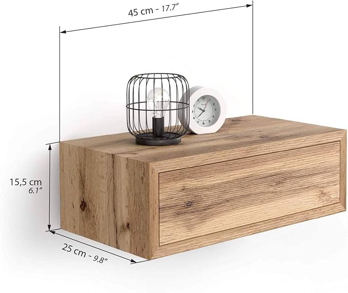 Mobili Fiver, Riccardo Floating nightstand, Rustic Oak, 17.7" x 9.8" x 6.1 ", Melamine-Finished, Modern Bedside Table, End Table, Italian Furniture