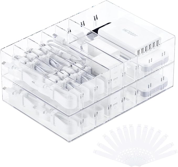 FRETONBA 2 Pcs Clear Cable Charger Organizer Box, Large | Adjustable Compartments, Stackable to Save Space, 14 Wire Ties, Easy Access, Fits Drawer, Desk & Office