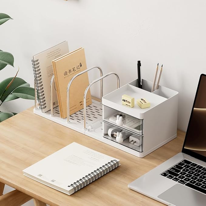 Desk Organizer with Bookends, Desktop Storage Box with 2 Drawers (White) | Multi-Functional Desk Accessories Organizer with 3 Top Compartments and 4 Bookends for Home Office School Supplies