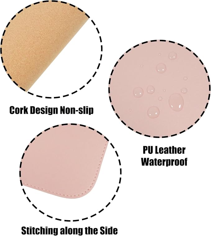 Large Double Sided Desk Mat 31.5" x 15.7" PU Leather Cork Mouse Pad | Large Pink Overlocked Edge Desk Pad Protector for Office Home Gaming Laptop Vanity, Overlocked with Matching Thread