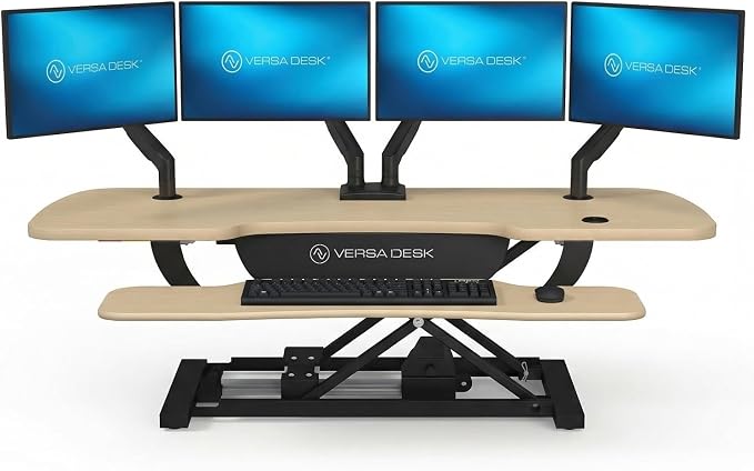 VERSADESK PowerPro 48 Inch Electric Standing Desk Converter – Push-Button Height Adjustable Sit to Stand Desk Riser for Multiple Monitors – Motorized Desktop Workstation with Wide Keyboard Tray