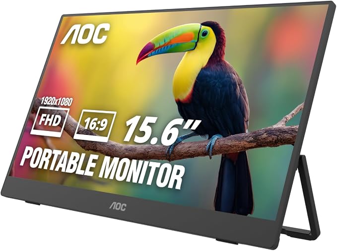 AOC 16T30 Portable Monitor 15.6" FHD 1080p IPS Display, USB-C, Mini HDMI, Built in Speaker, Kickstand, Travel Monitor, Compatible with Laptops, MacBook and Gaming Console