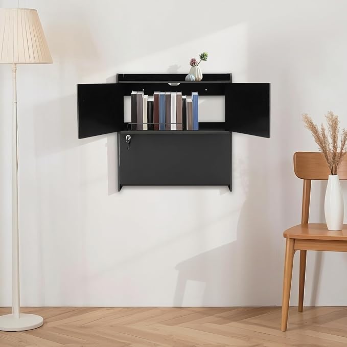 Wall Mounted Folding Desk with LED Light, Space-Saving Laptop Table for Home Office, Writing Workstation with Storage Shelves and Drawer, Floating Cabinet, 58x20x60cm (Black)