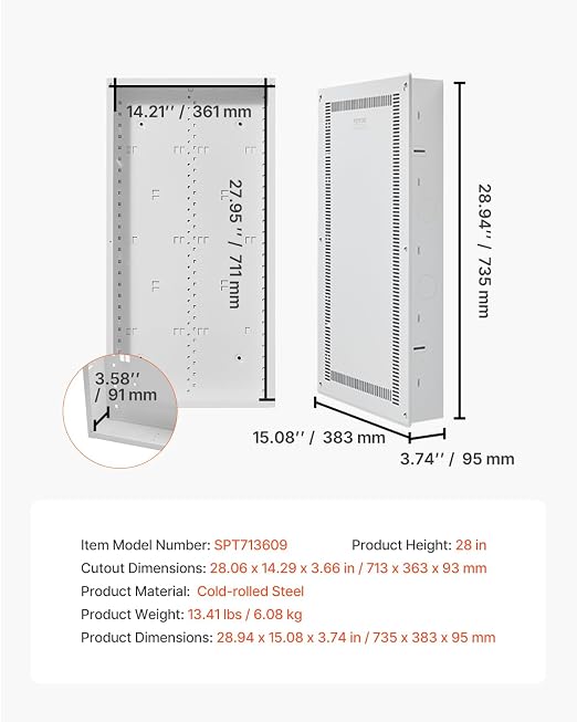 VEVOR Structured Media Enclosure, 28-Inch, Recessed in-Wall Media Box with Cover, Wall-Mount Cable Management Box Kit, Structured Wiring Multi-Media Cabinet, Cold-Rolled Steel, for TV Home Theater
