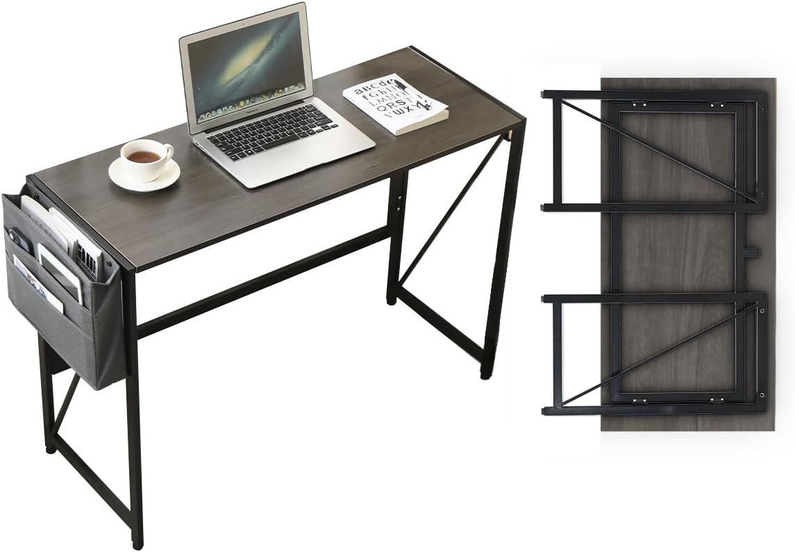 Modern Foldable Writing Computer Desk with Storage Bag, No-Assembly Study Office Desk Foldable Table for Small Spaces, Home Office (Black Oak, 39.4 inch)