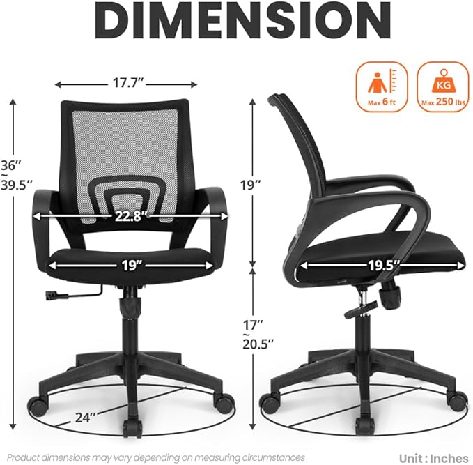 NEO CHAIR Office Computer Chair Mid Back Desk Ergonomic Mesh Gaming Seat Comfy Lumbar Support Rolling Wheels Adjustable Height Swivel for Home Task (All Black)