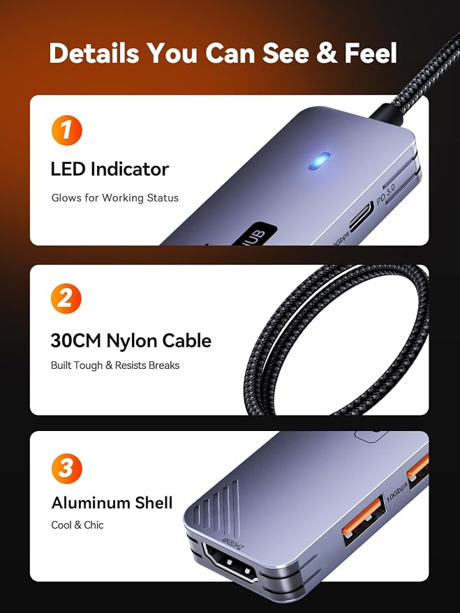 QUUGE USB C Hub 10Gbps, 6-in-1 Aluminum Multiport Adapter for Laptops, 4K@60Hz USB C to HDMI Adapter with 100W PD, 2 USB-A & C 3.2 Data Ports, 30cm Nylon Cable for MacBook Air/Pro, iPad, Thinkpad, XPS