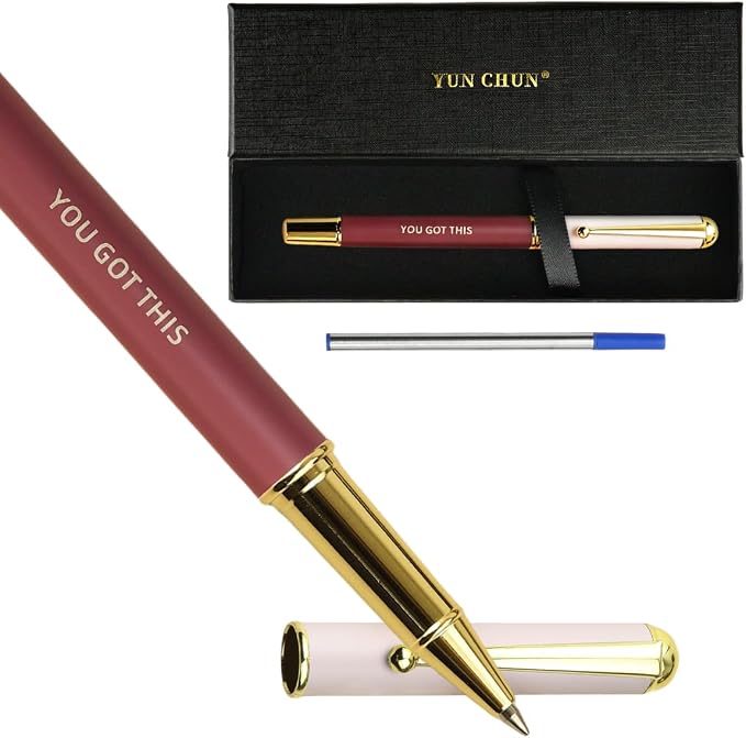 YUNCHUN Luxury Inspirational Rollerball Pen Set Gifts for Women, Metal Pens with Motivational Words, Smooth Black Ink Medium Point, Elegant Executive Gift Pens with Extra Blue Refill, Red