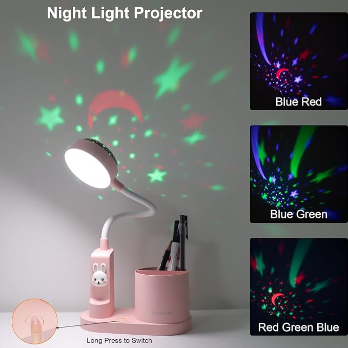 Pink Desk Lamp for Home Office, Touch Small Table Light for Kids | Eye-Care Dimmable Bedside Reading Light, Flexible Gooseneck, Star Projector Night Light with Pen Holder for College Dorm