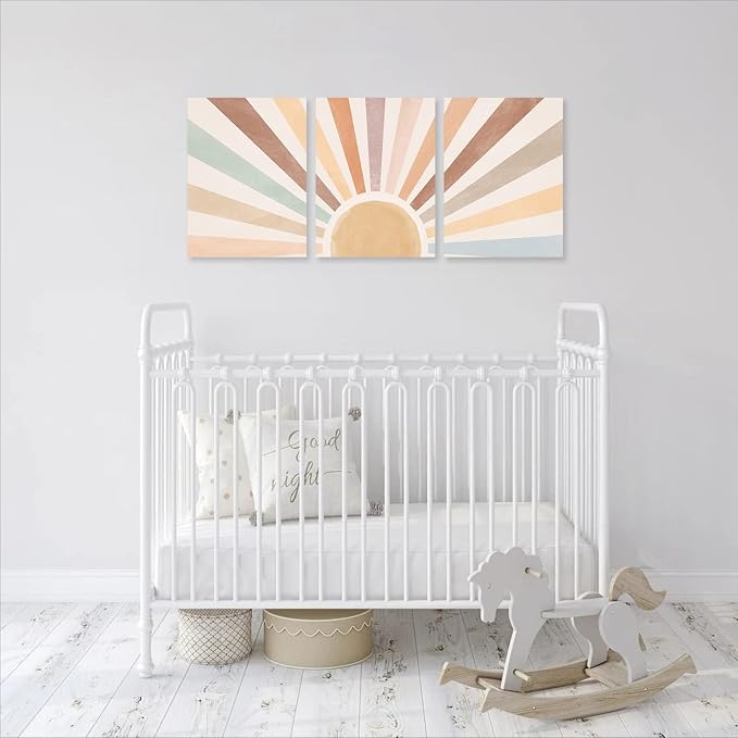 Boho Sun Wall Art Set of 3, Framed Canvas Wall Art Rainbow Sun Rising on the Horizon Geometric Nature Illustrations Line Art Wall, Office, 12"x16" Watercolor