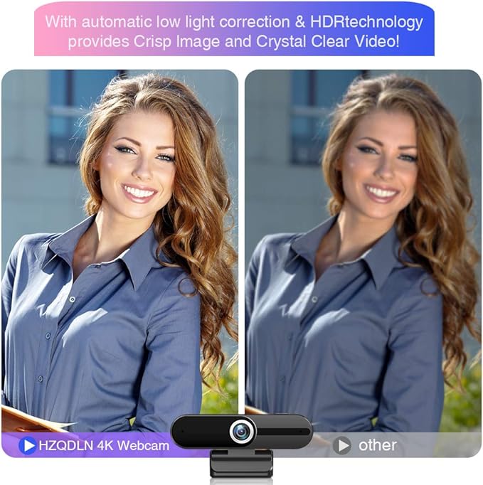 HZQDLN 4K Webcam with Microphone, 8MP Laptop PC Desktop Computer Web Camera, USB Webcams for Video Calling Recording Streaming Video Conference, Webcam with Tripod，Privacy Shutter