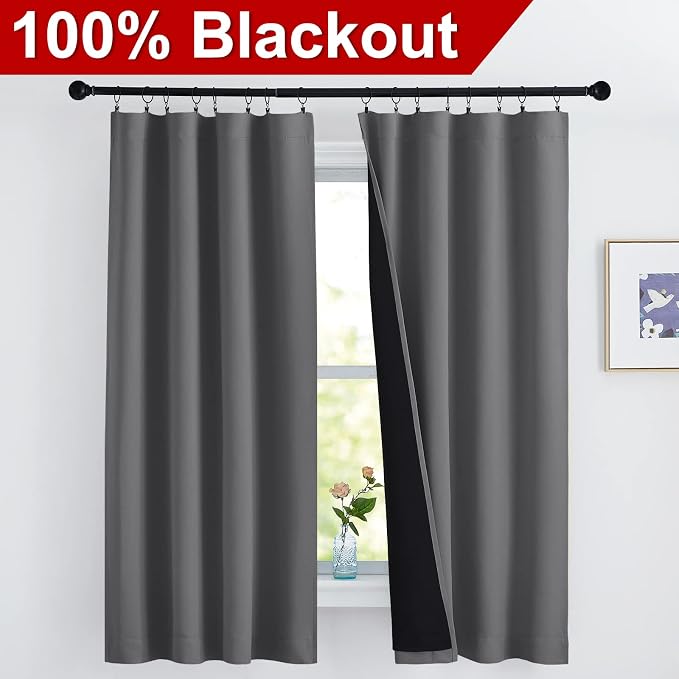 NICETOWN 100% Blackout Cold Blocking Curtains 63 inches Long, Soft Thermal Insulated Rod Pocket 2-Layer Lined Drapes, Energy Efficiency Window Draperies for Bedroom (Grey, 2 Panels, 42-inch W)