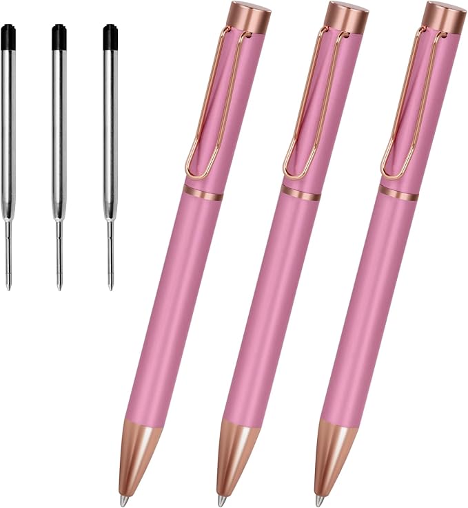 Cambond Ballpoint Pens Black Pen - Bulk Metal Twist Pen, 1.0 mm Medium Point Nice Pens for Journaling Gift Business Men Police Flight Attendants, 3 Pens with 3 Refills (Rose Gold)