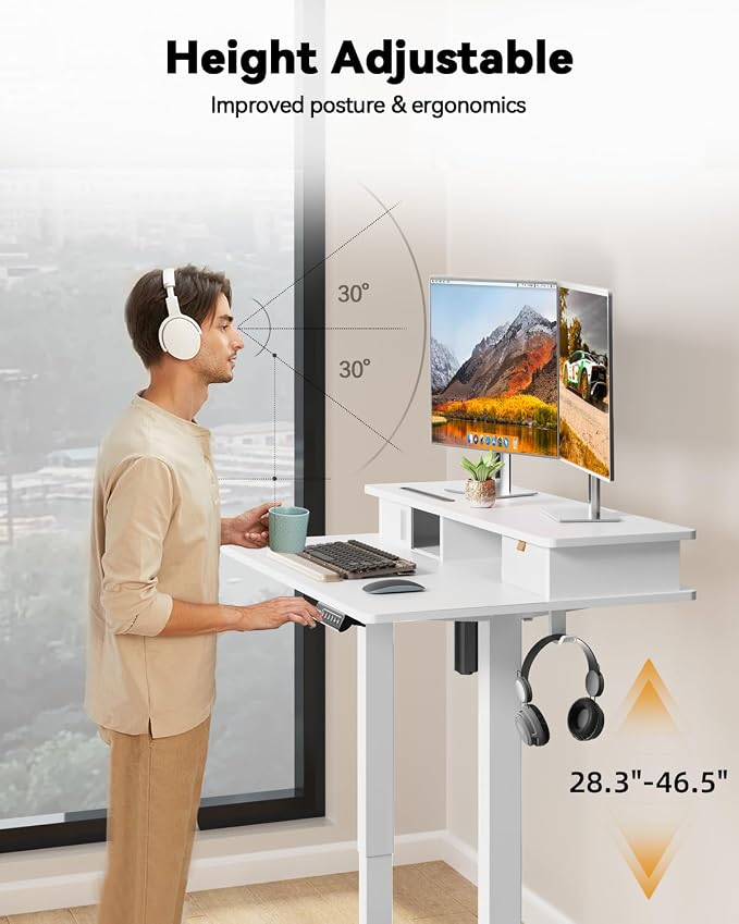 JOY worker 35" Small Electric Standing Desk with Monitor Stand & Storage | White 35" x 25" Height Adjustable Desk for Tight Space, Shutter Door & Drawer, Sit Stand Table with 2 Hooks for Home Office