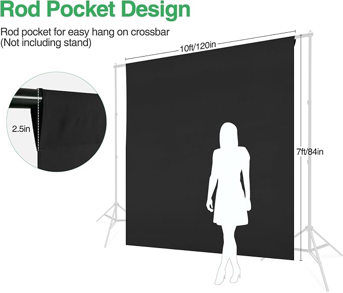 Black Backdrop Curtain 10x7ft (WxH), Black Photo Backdrop for Photography Polyester Collapsible Background Screen for Portrait, Product Video, Pet, Photoshoot, Birthday, Party