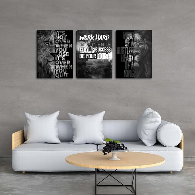 Motivational Canvas Wall Art 3 Pieces Lion Poster Inspirational Positive Wall Art Quotes Success Canvas Picture Print Artwork Framed for Home Office Room Gym Workplace Wall Decor (48''Wx 24''H)