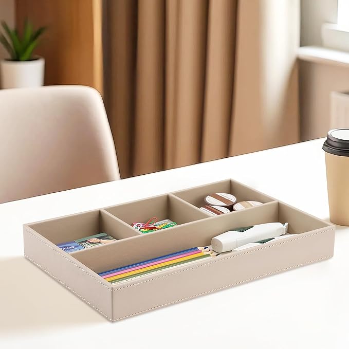 4-Slot Leather Drawer Tray Desk Stationery Sundries Organizer Storage Box Pen Pencil Holder Case Container (Dark Beige)