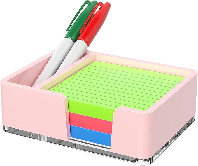 Sticky Note Holder with Pen Slot, Pink Acrylic Notepad Holder 3x3 in Self-Stick Note Dispenser Office Desk Accessories, Memo Pad Holder Organizer for Classroom School Supplies