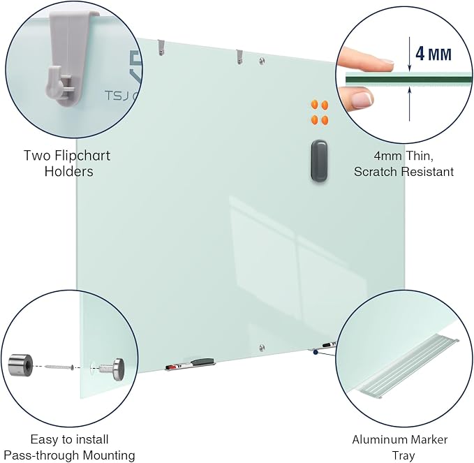 TSJ OFFICE Glass Dry-Erase Board - 72 x 48 Inches (6' X 4') Wall Mounted Glass Magnetic Whiteboard, Extra Large Frameless White Board for Office, Home & School