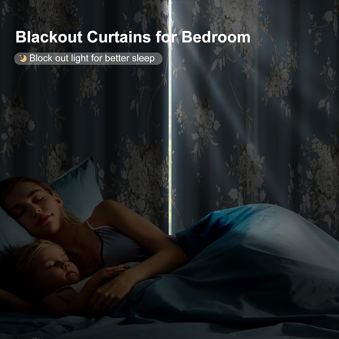 Blackout Curtains for Bedroom 84 Inch Long 2 Panels Set, Haze Blue Floral Grommet Winter Black Out Curtains for Living Room, Room Darkening Thermal Insulated Soundproof Window Drapes, Maintain Privacy
