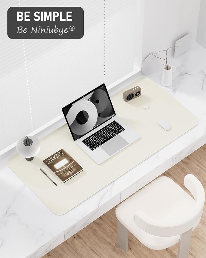 Desk Pad, 35.5" x 17" PU Leather Non-Slip Desk Mat Large Mouse Pad for Desktop, Waterproof Laptop Computer Writing Mat for Office, Home, Work, Gaming, Ivory White